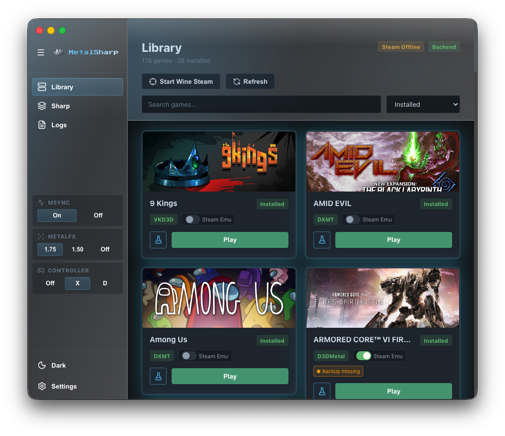 MetalSharp library view showing installed games — 9 Kings, AMID EVIL, Among Us, and Armored Core VI — each with its graphics backend, MetalFX controls, and a Play button.